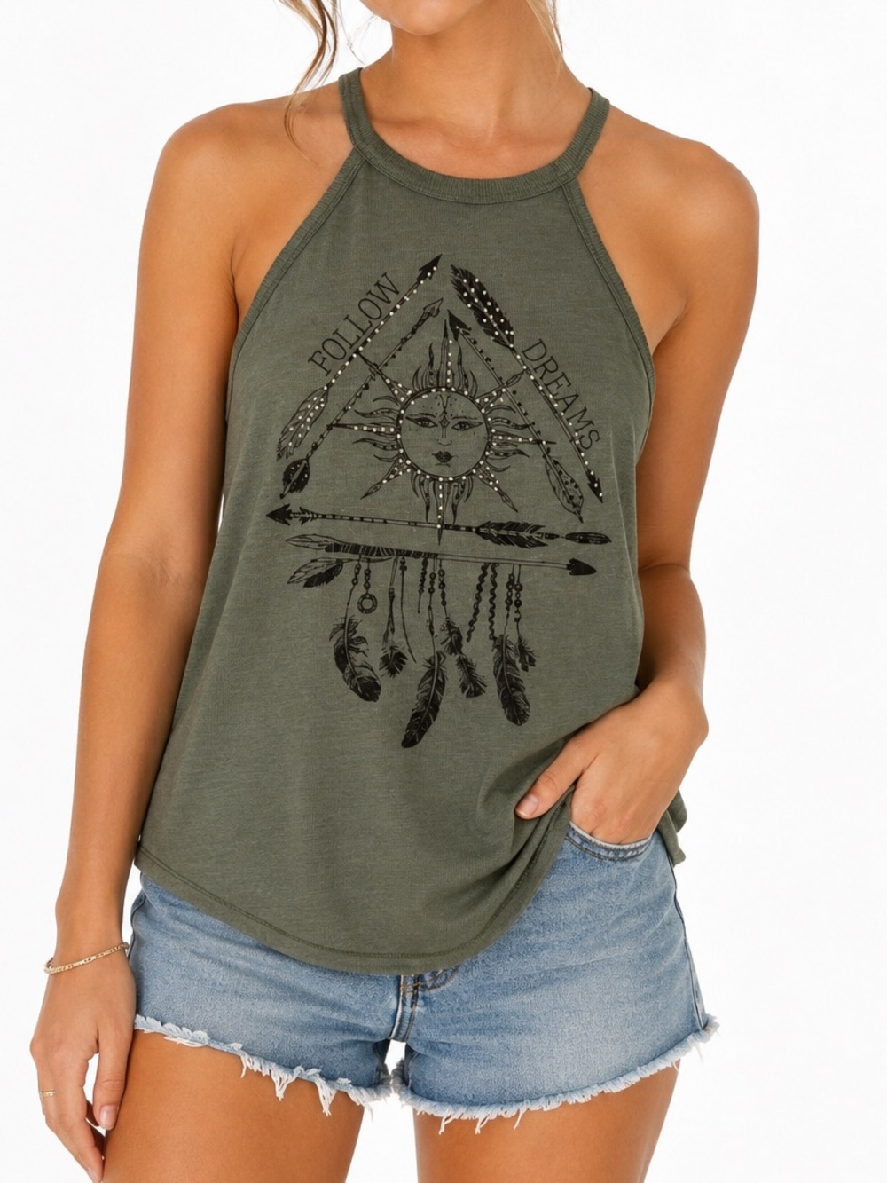 Moonchild Size Small Follow Dreams Graphic Tank Top with Rhinestones 90s Y2K